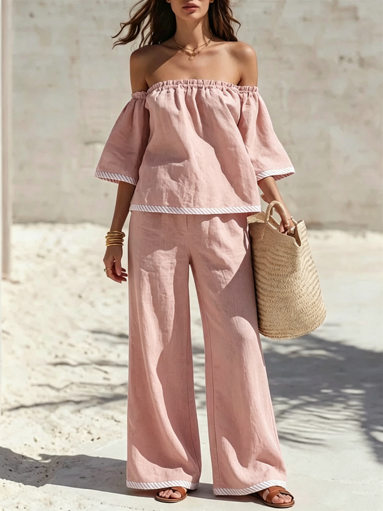 Off-Shoulder Top and Wide-Leg Pants Two-Piece Set