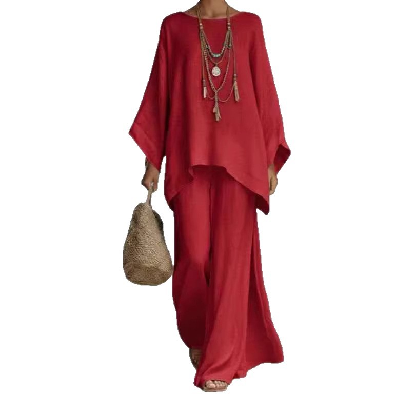 Women's Loose Linen-Blend Solid Shirt & Wide-Leg Pants Casual Set