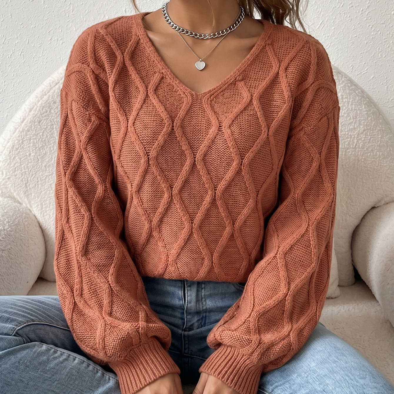 V-Neck Loose-Fit Knit Sweater for Women