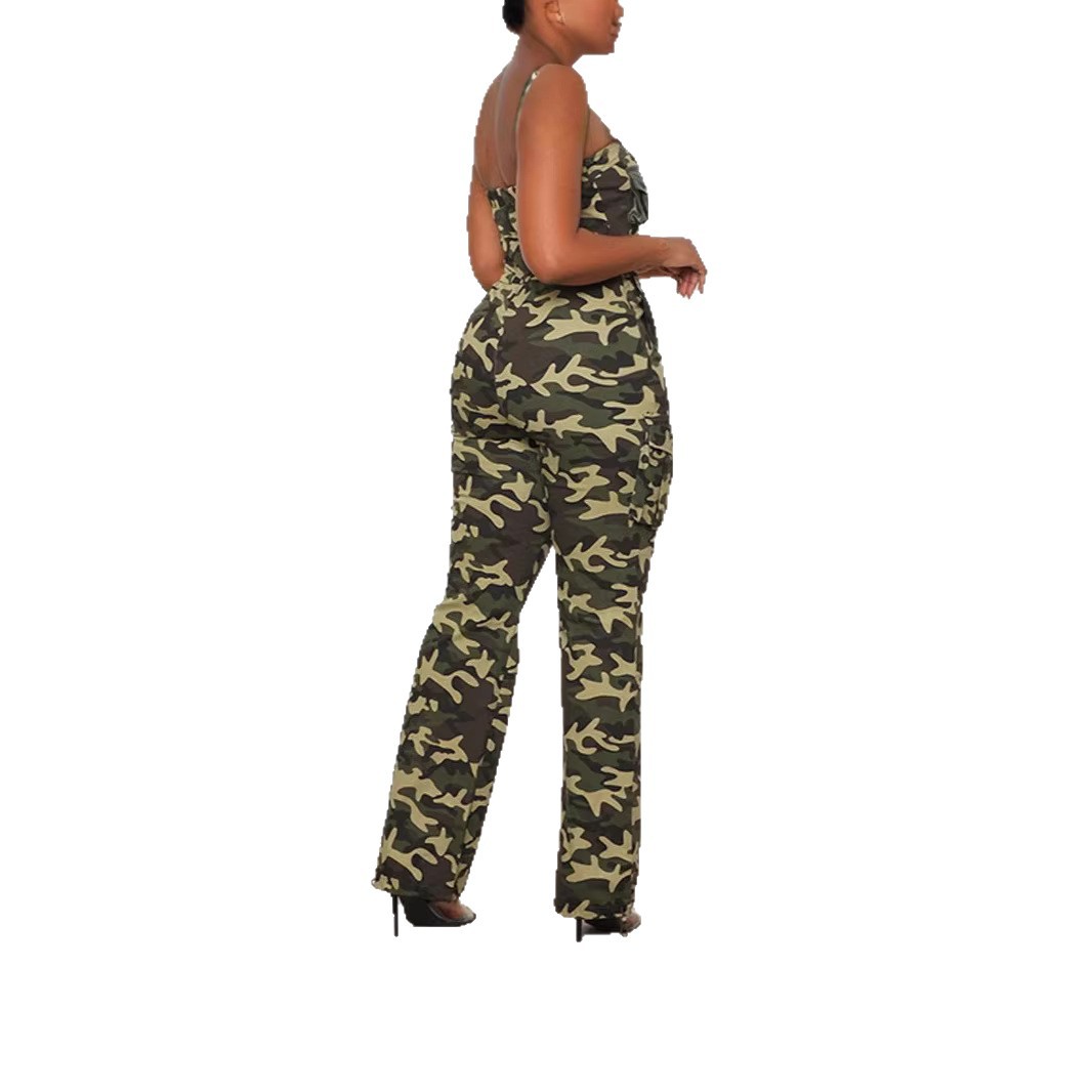 Women's Off-Shoulder Camo Jumpsuit with Elastic Waist and Zip