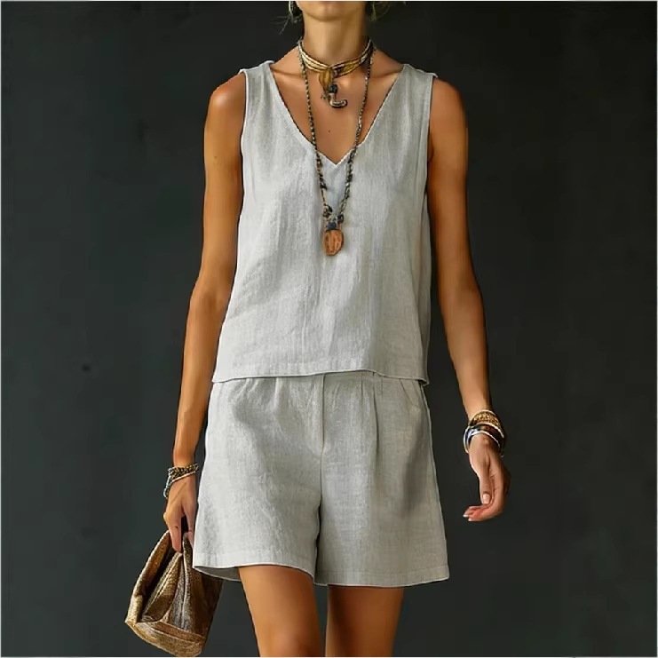 Women's Sleeveless Linen-Cotton Vest and Shorts Set Solid Color Two-Piece