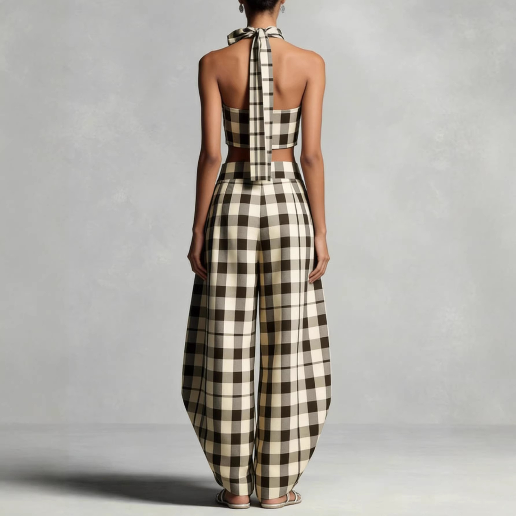 Women's Beige Brown Plaid Halter Crop Top and Wide-Leg Pants Set