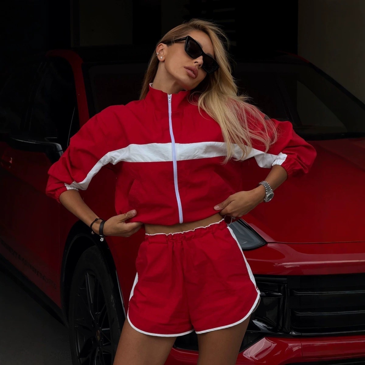 Color-Block Striped Cropped Tracksuit Set with Stand Collar Zip Jacket and High-Waist Shorts
