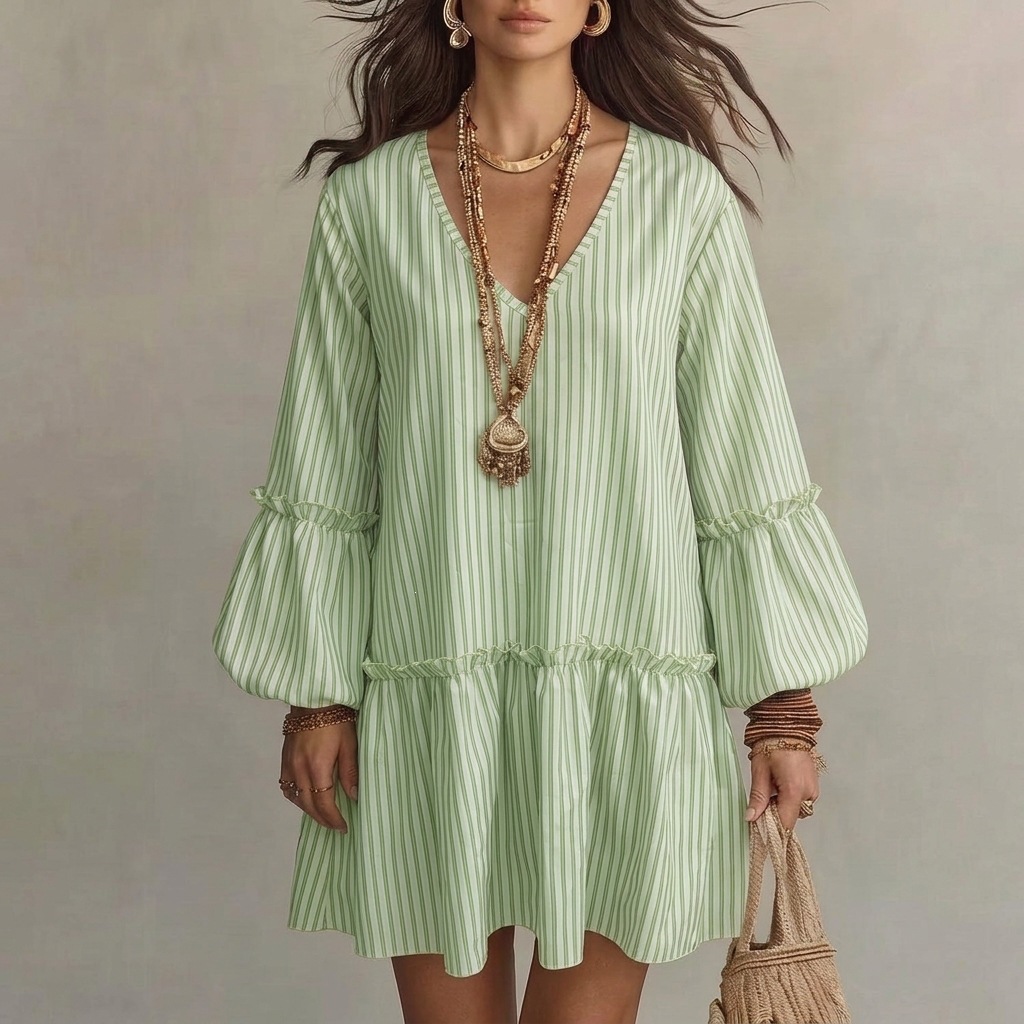 Women's Striped Print V-Neck Lantern Sleeve Loose Short Dress