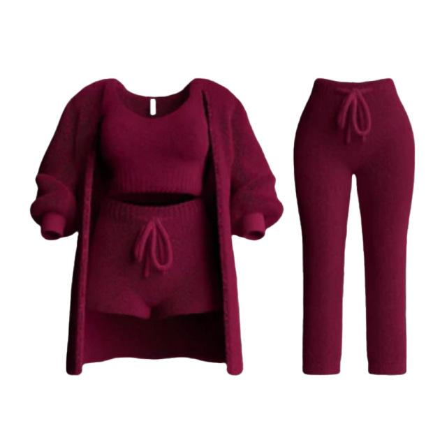 Knit Plush Long-Sleeve Cardigan, Vest & Shorts 3-Piece and 4-Piece Set