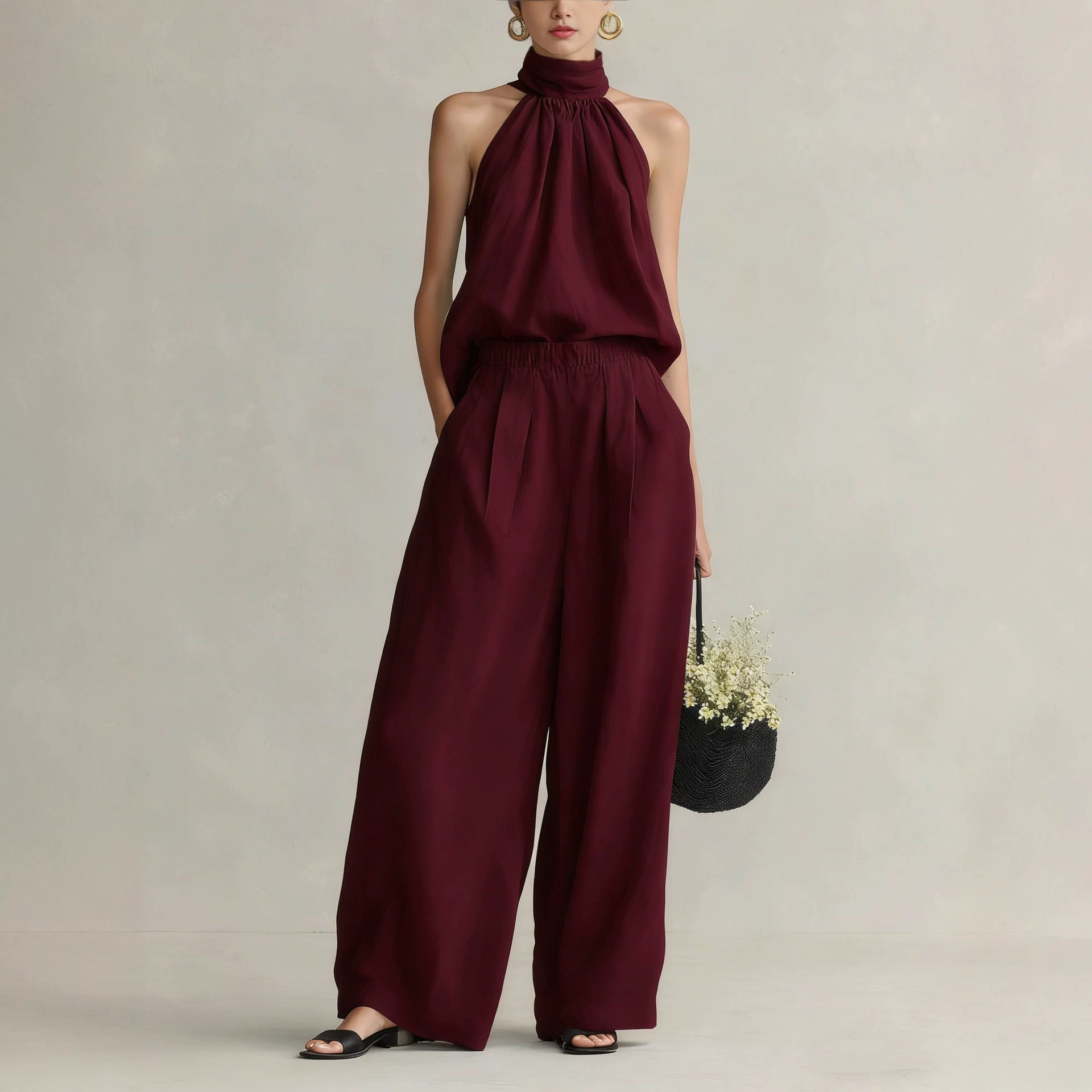 Women's Sleeveless Round Neck Top and Pants Set