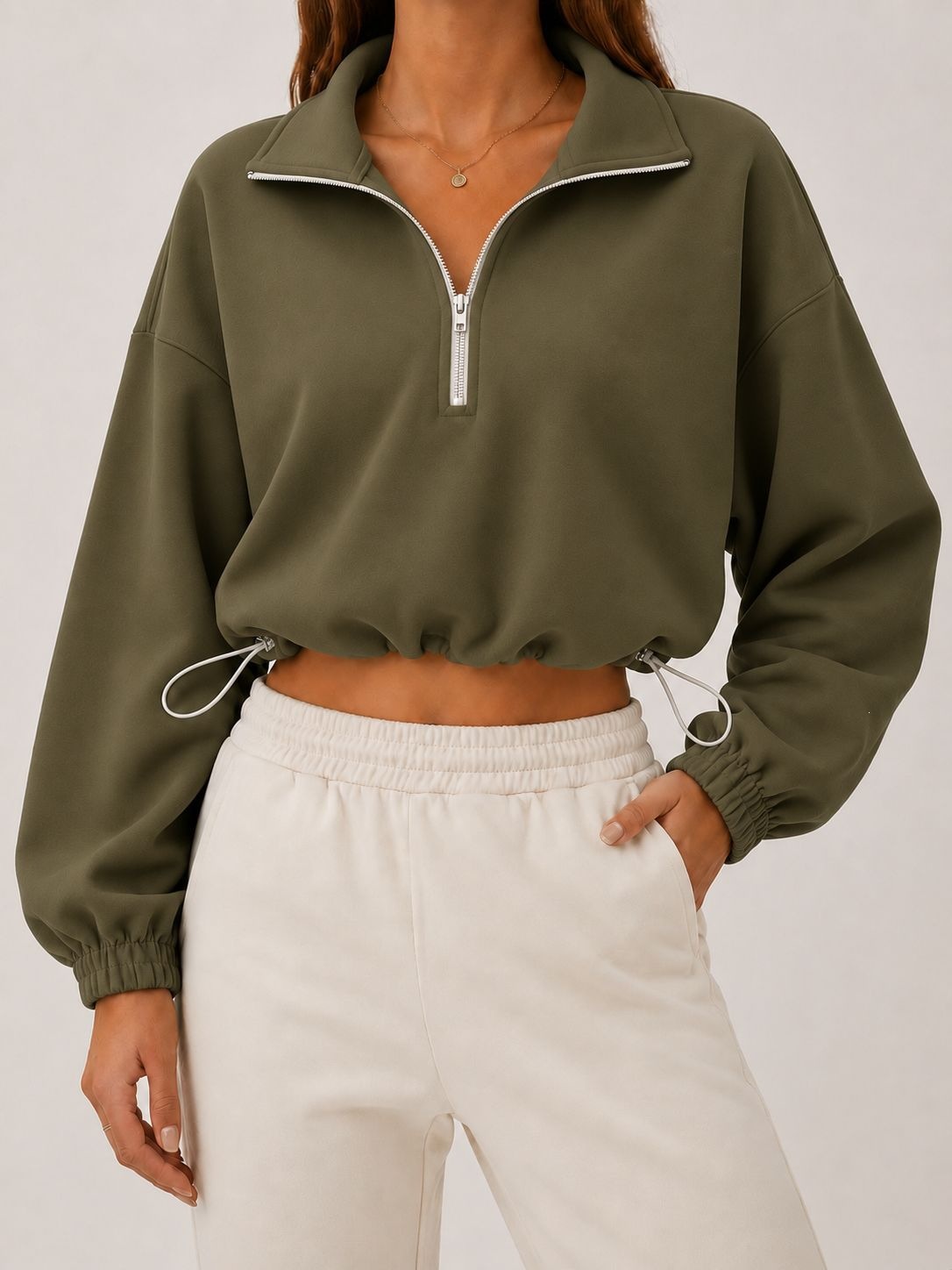 Women's Solid Half-Zip Collared Cropped Hoodie with Drawstring Waist