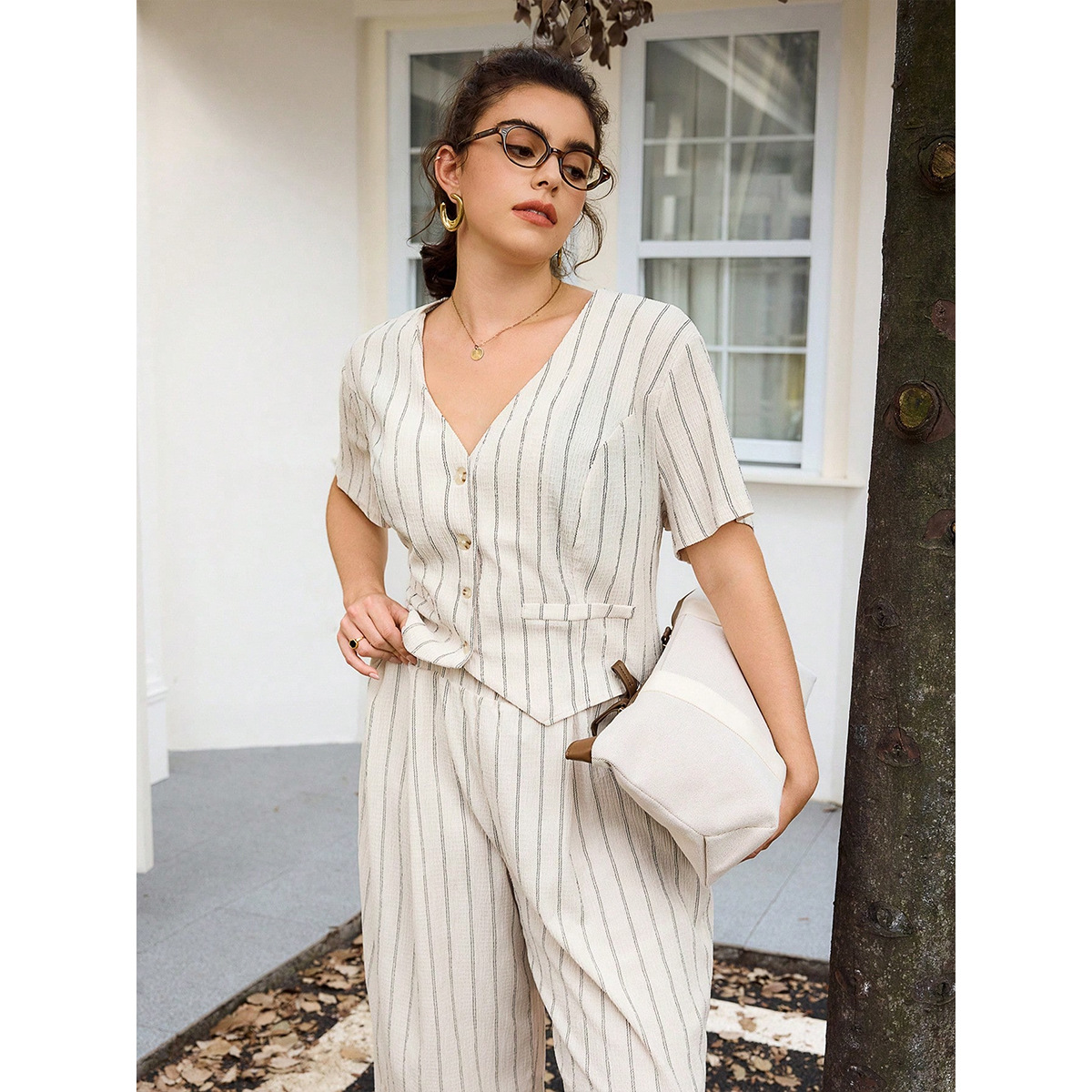 Minimalist Striped Vest & Wide-Leg Pants Set