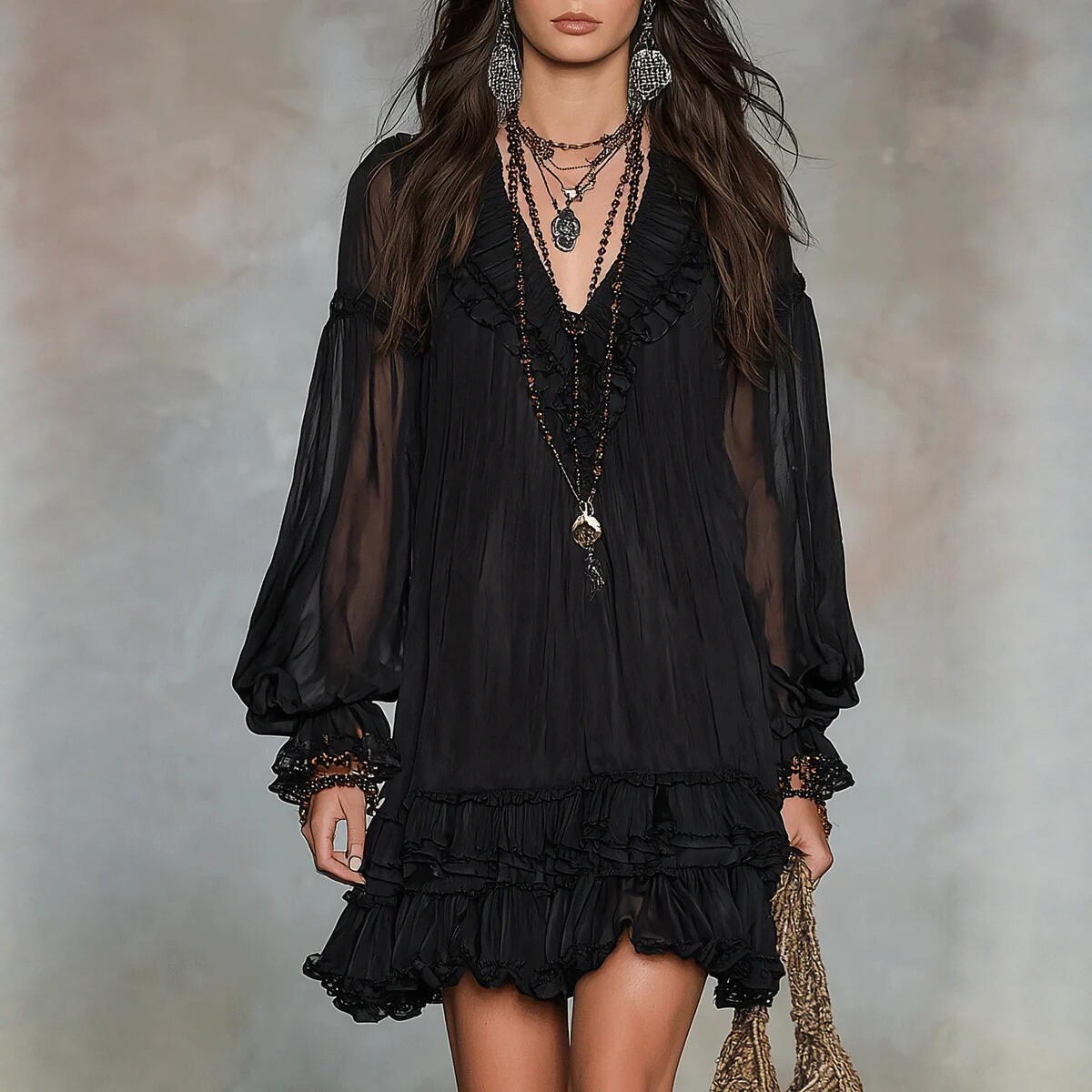 V-Neck Cinched Waist Ruffle Pleated A-Line Mini Dress