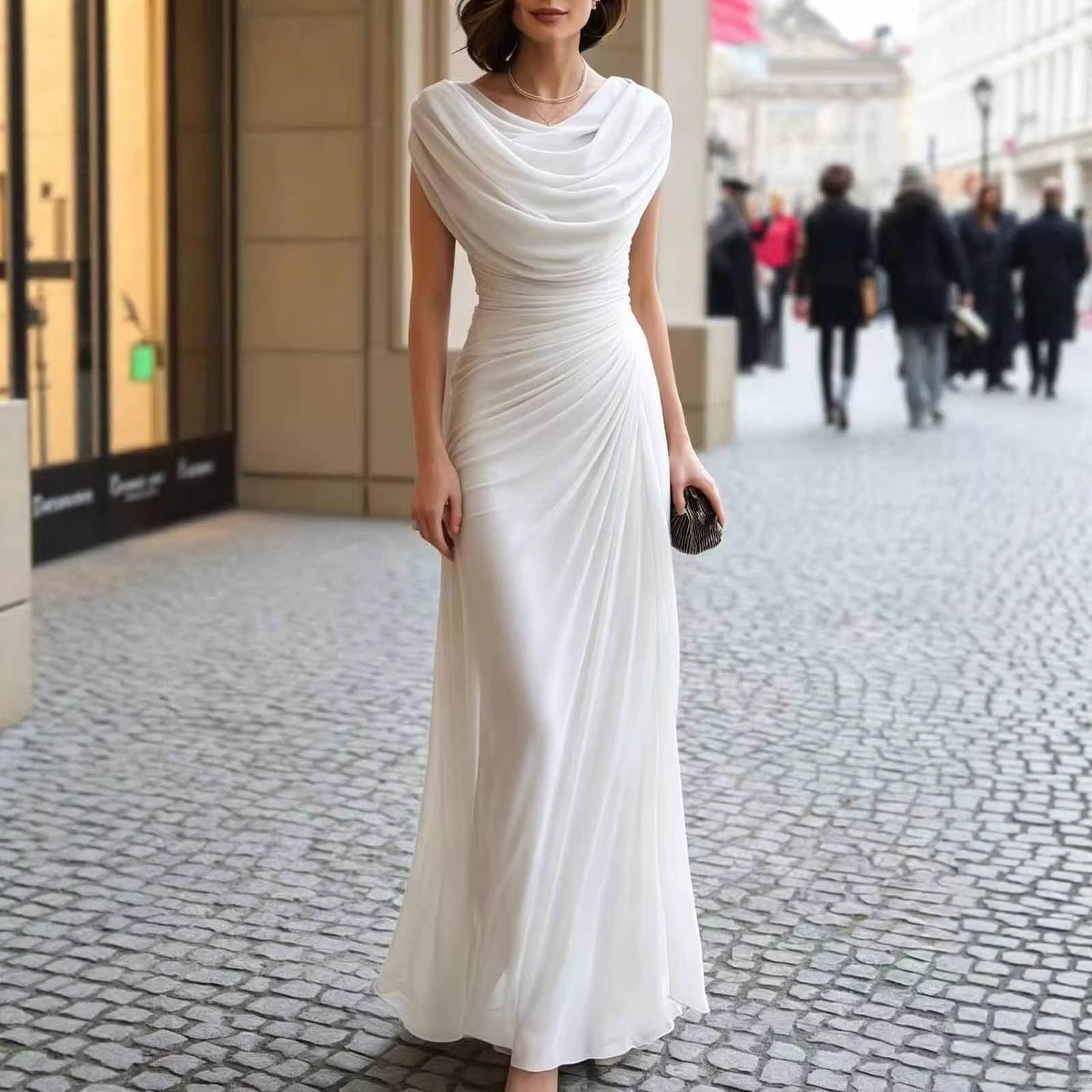 Women's Slim Fit Draped Neck Ruched Long Dress