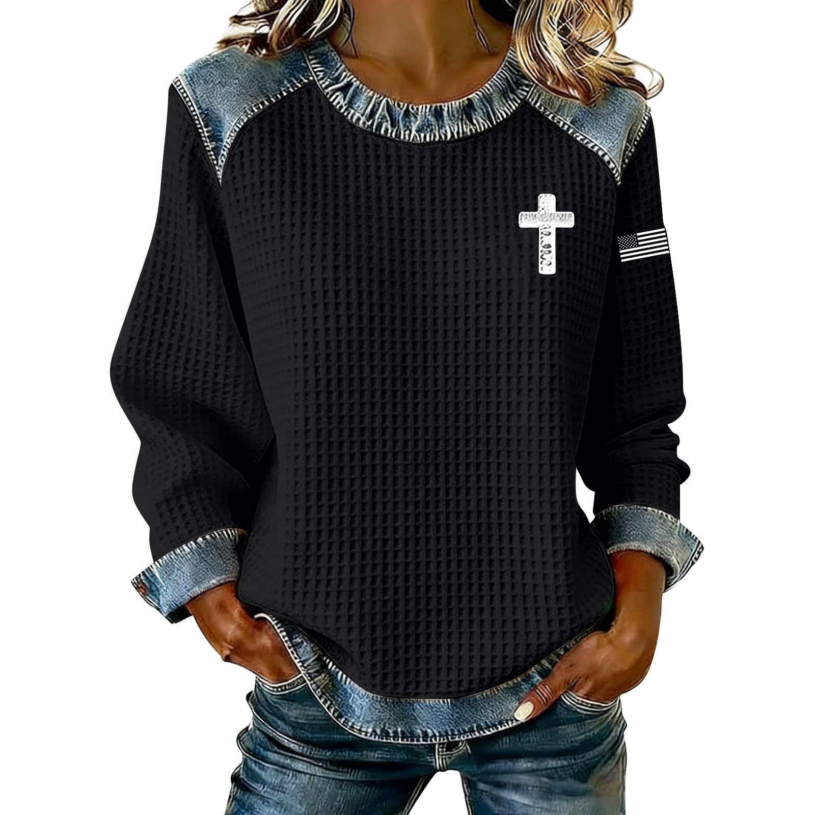 Women's Cross Print Crewneck Pullover Sweatshirt