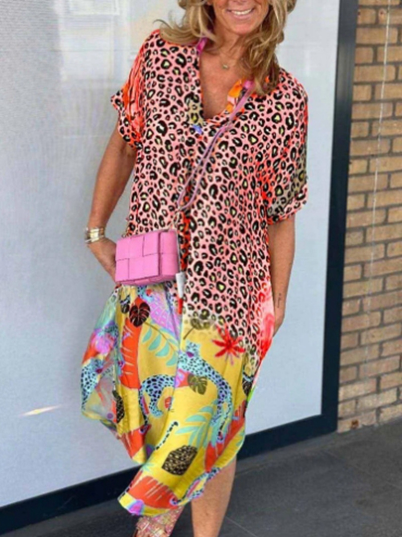 Leopard Print Half-Open Neck Short Sleeve Dress