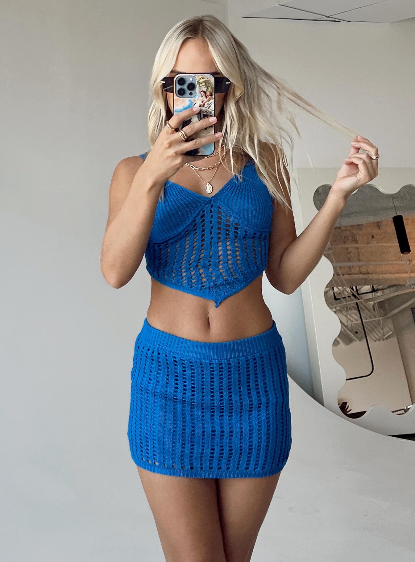 Women's Sleeveless Cutout Crop Top and Bodycon Mini Skirt Knit Set