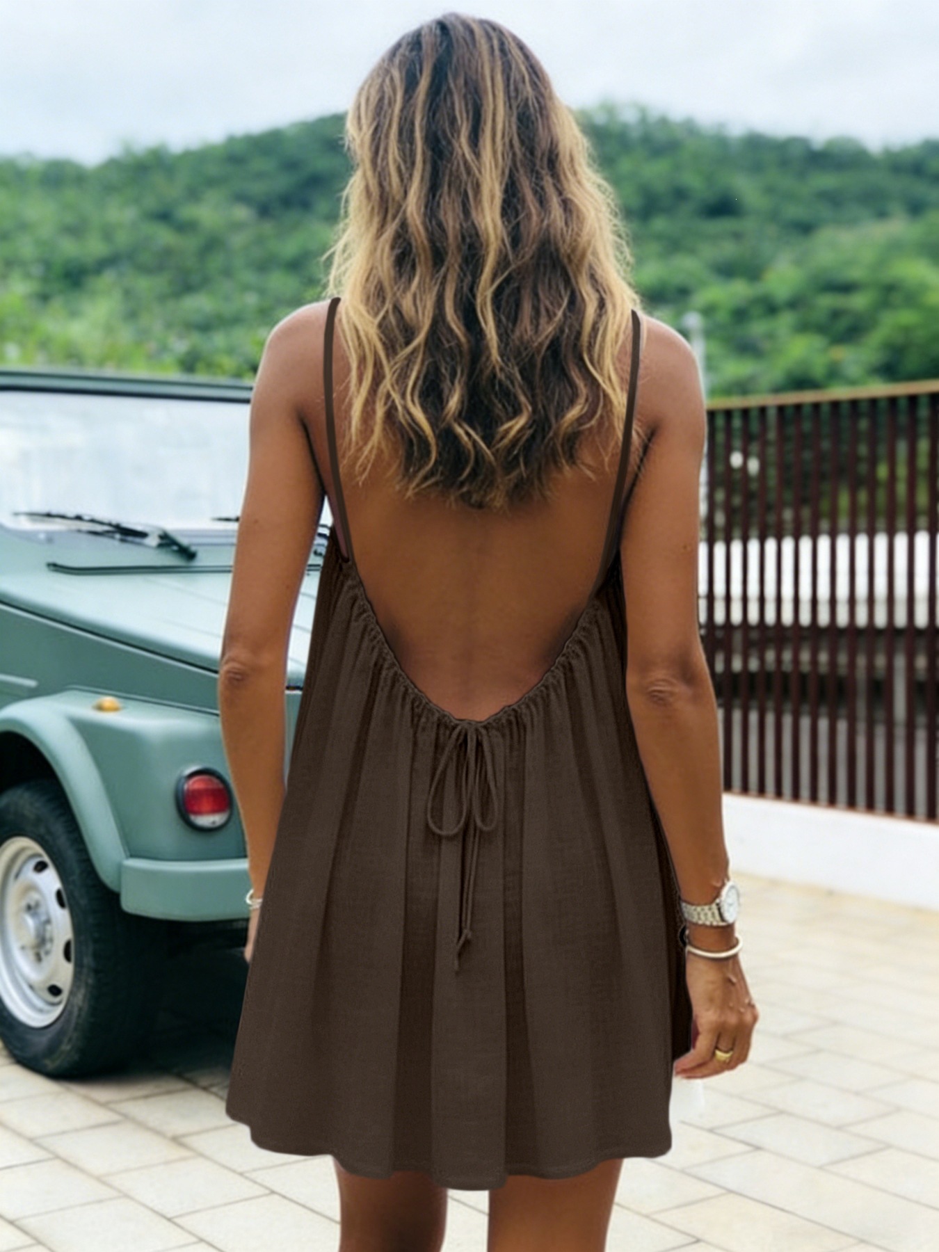 Ice Silk Ruched Open-Back Cami Mini Dress