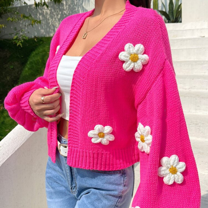 Women's 3D Floral Cardigan Sweater Short Loose Knit V-Neck