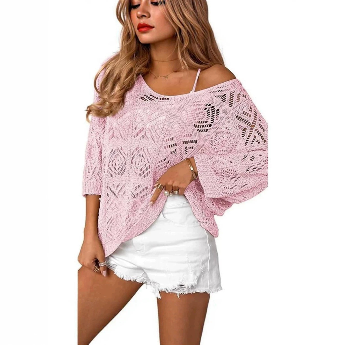 V-Neck Diamond Crochet Hollow-Out Knit Top with Dolman Sleeves