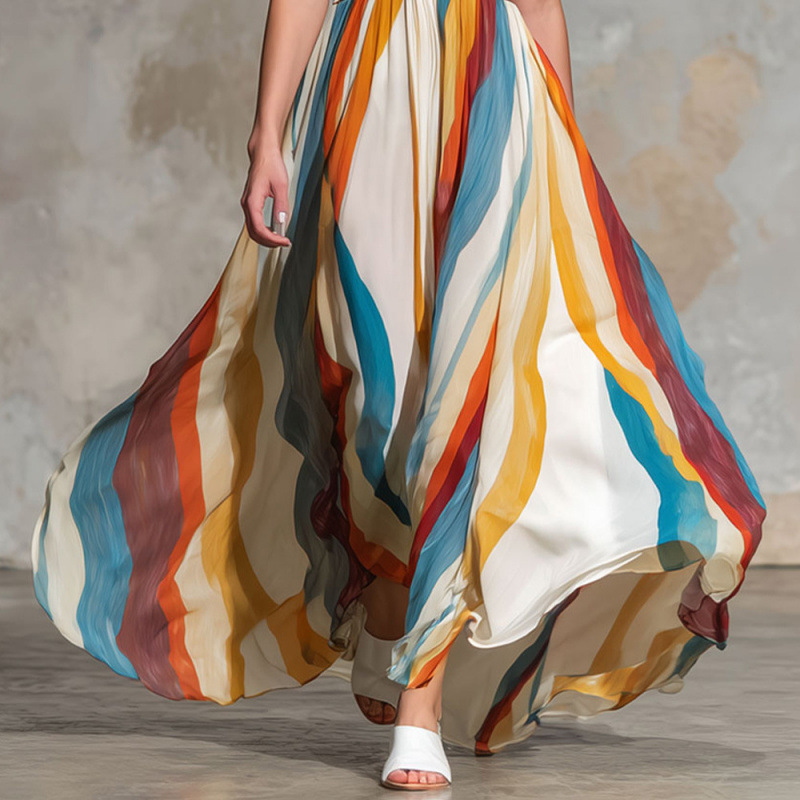 Wave Striped Sleeveless Deep V-Neck Off-Shoulder Long Dress