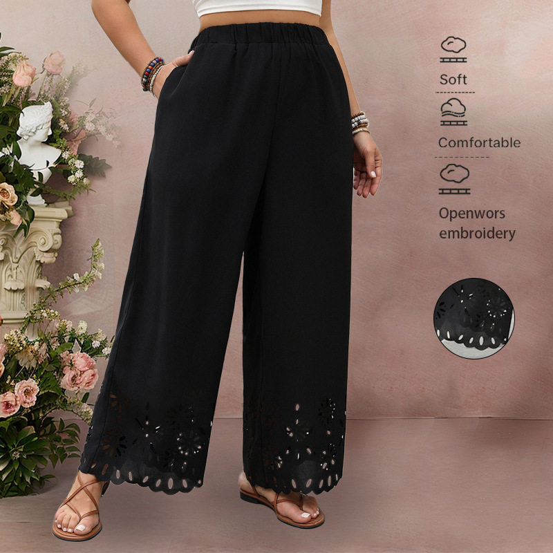 Women's Loose Wide-Leg Pants Plus Size Hollow Hem Black
