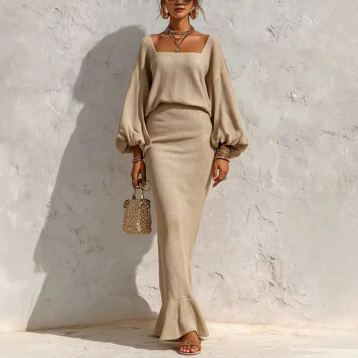 Square Neck Lantern Sleeve Ribbed Knit Two-Piece Set with Mermaid Midi Skirt