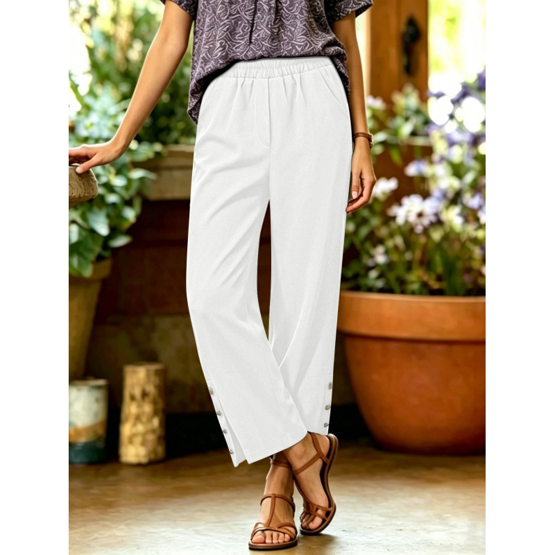 Women's Plus Size Cropped Straight Leg Dress Pants with Split Hem and Button Detail