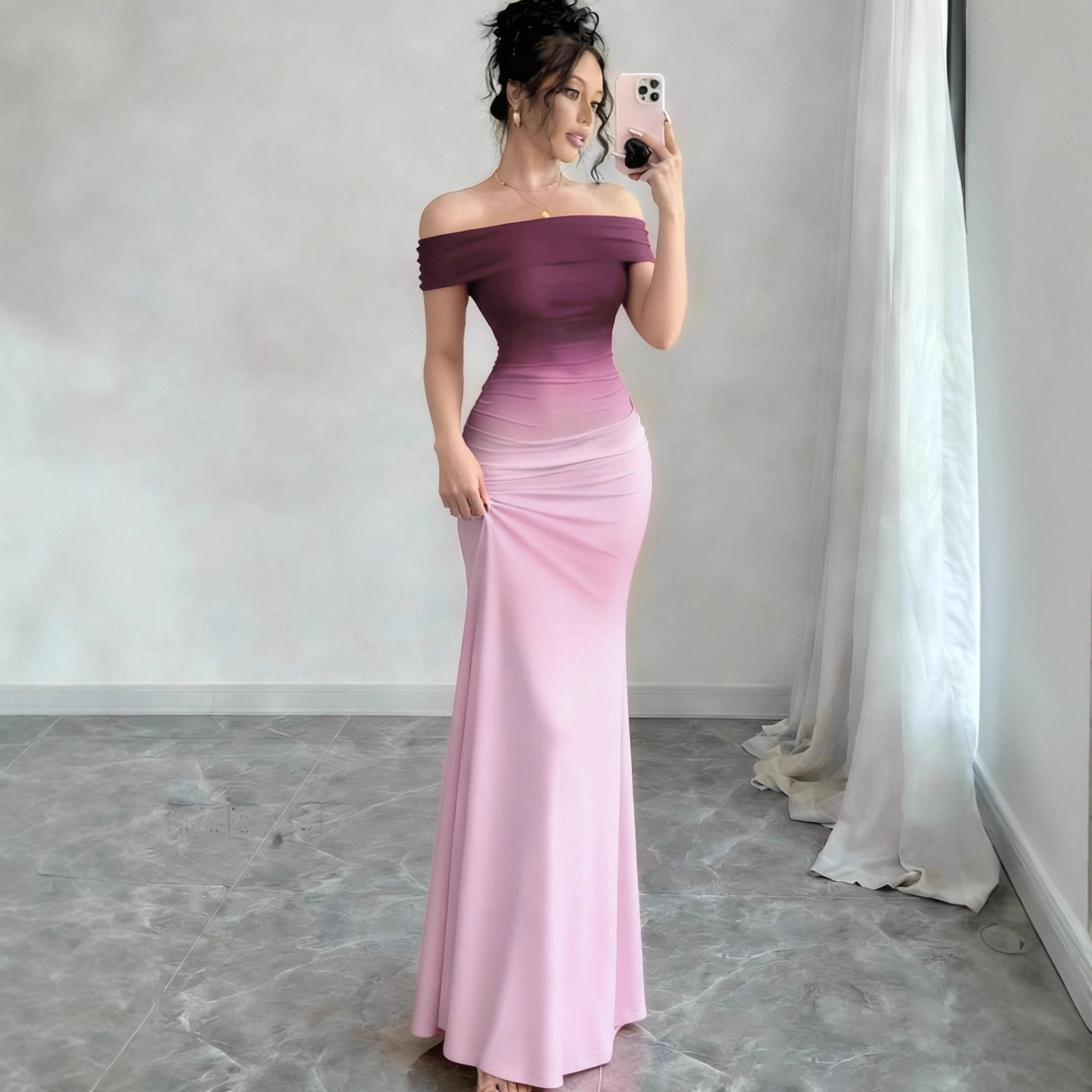 Gradient Off-Shoulder Bodycon Long Dress