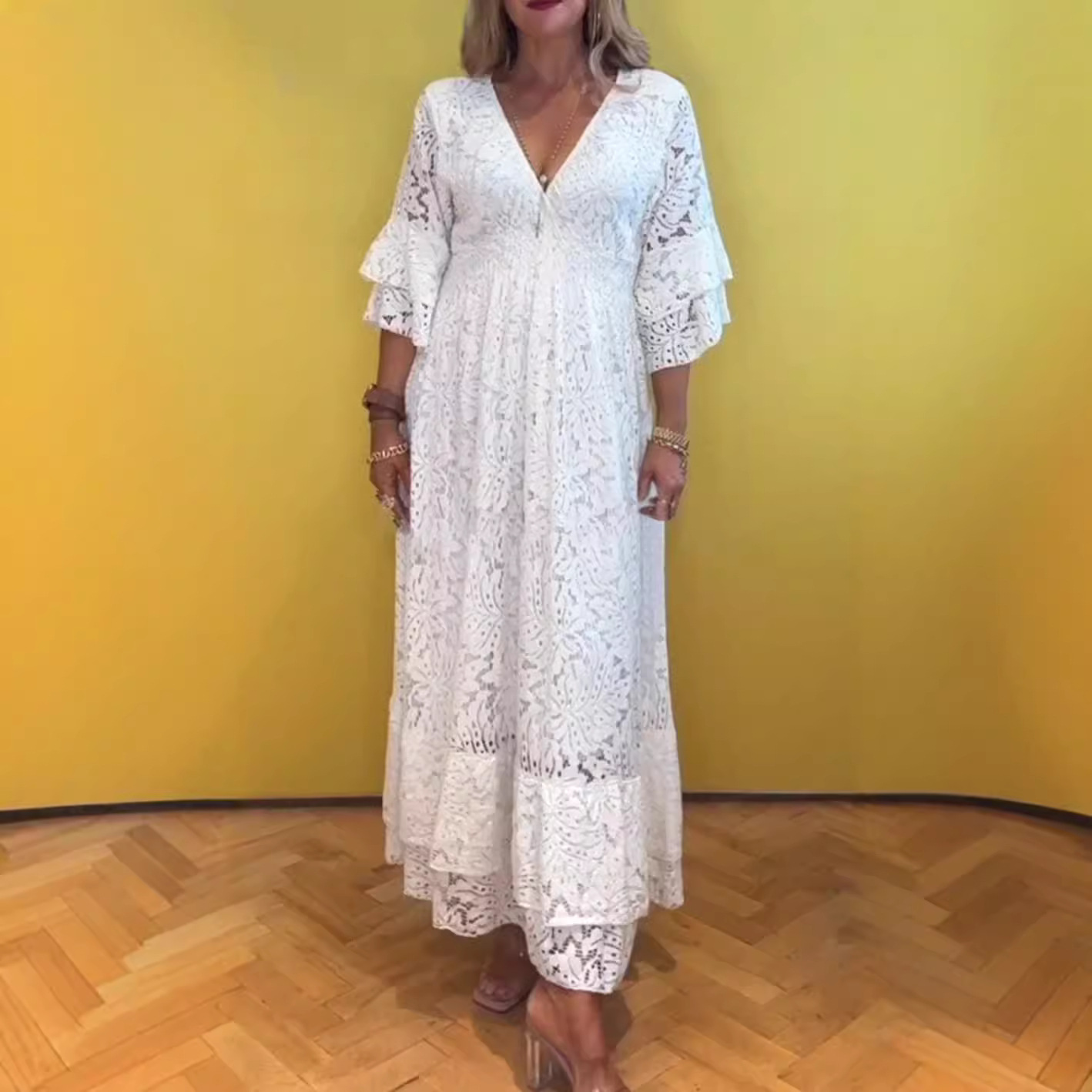 Women's Lace Cutout Deep V-Neck Solid Color Maxi Dress