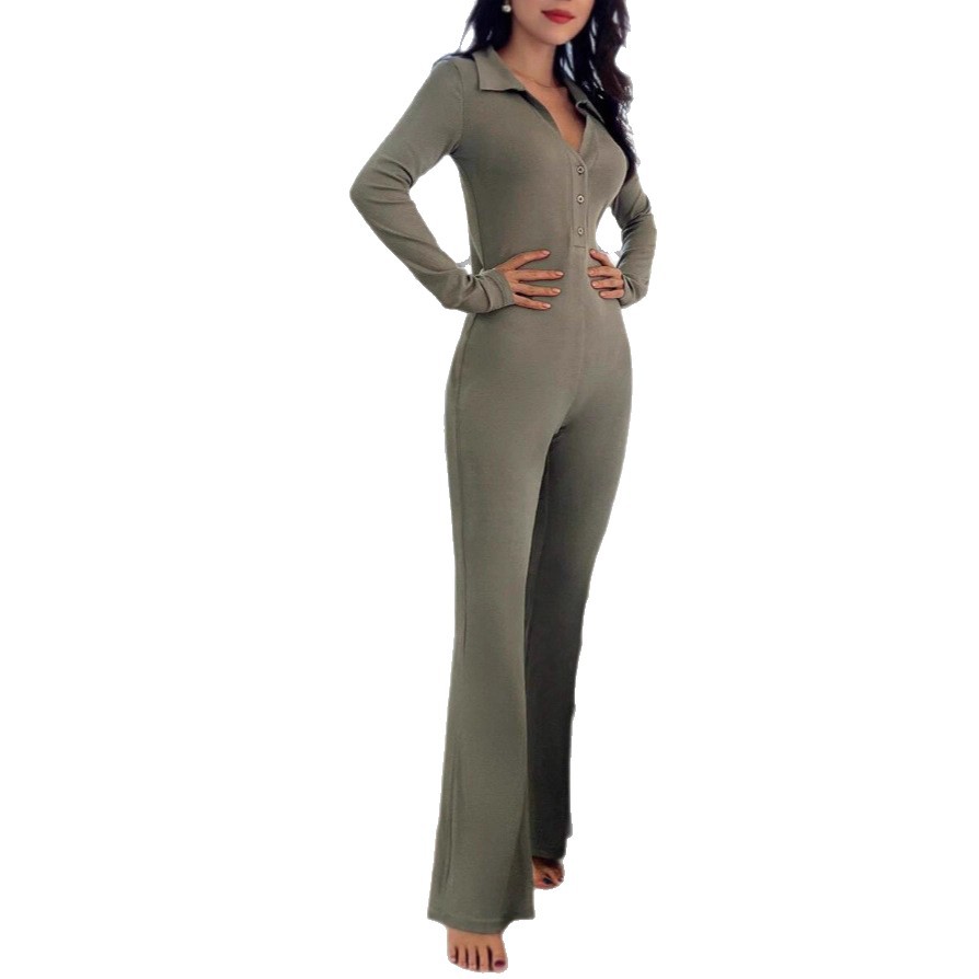 Polo Neck Long Sleeve Button Knit Jumpsuit Slimming Butt-Lifting