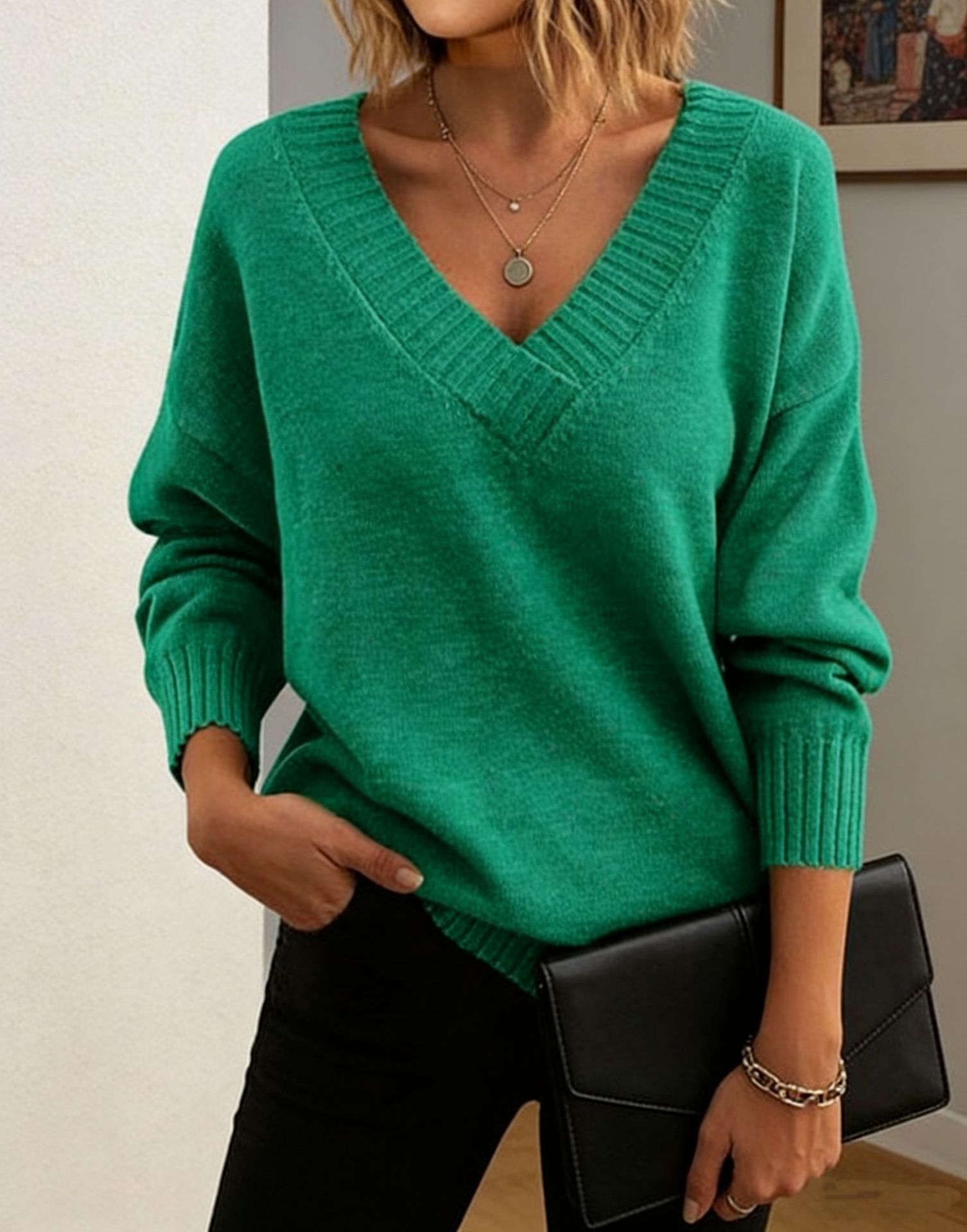 Women's Loose V-Neck Pullover Sweater Solid Color Knit Top