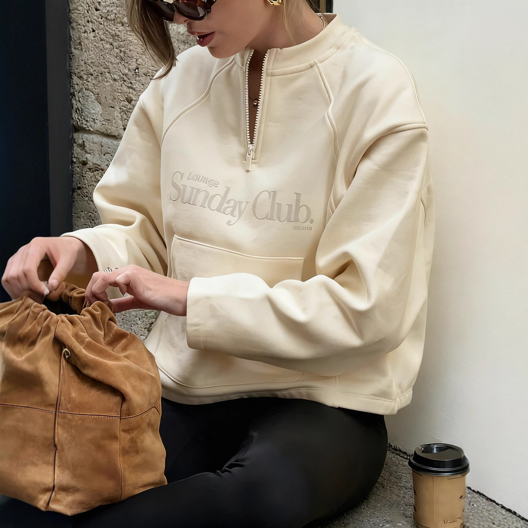Letter Print Half-Zip Stand Collar Pullover Sweatshirt