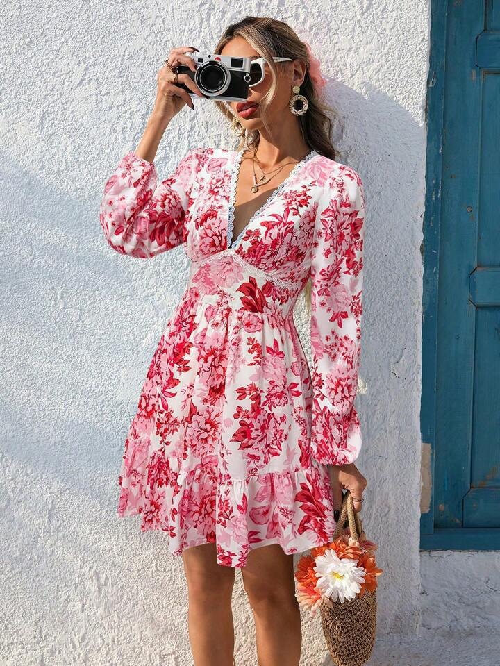 Lace Trim V-Neck Floral Print Long Sleeve Casual Vacation Dress