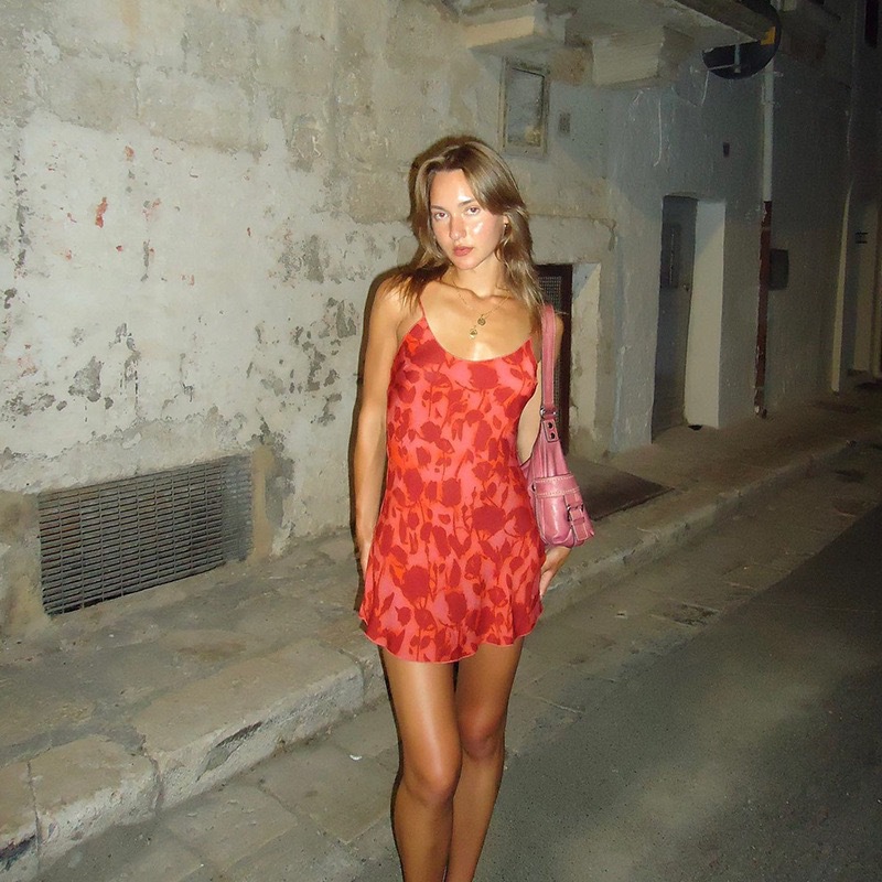 Red Print Sleeveless Bodycon Mini Cami Dress