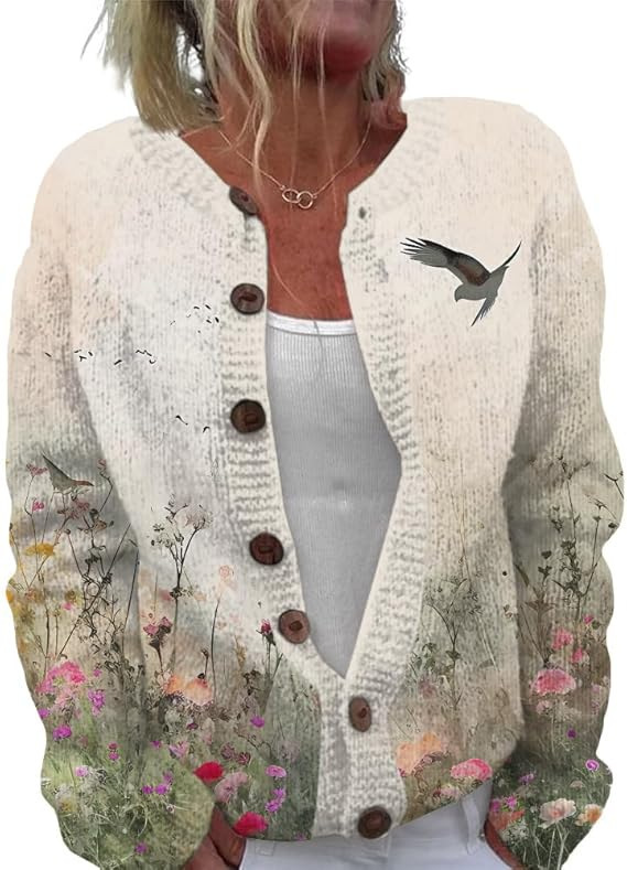 Women's Floral Leopard Snowflake Leaf Print Button Cardigan Sweater