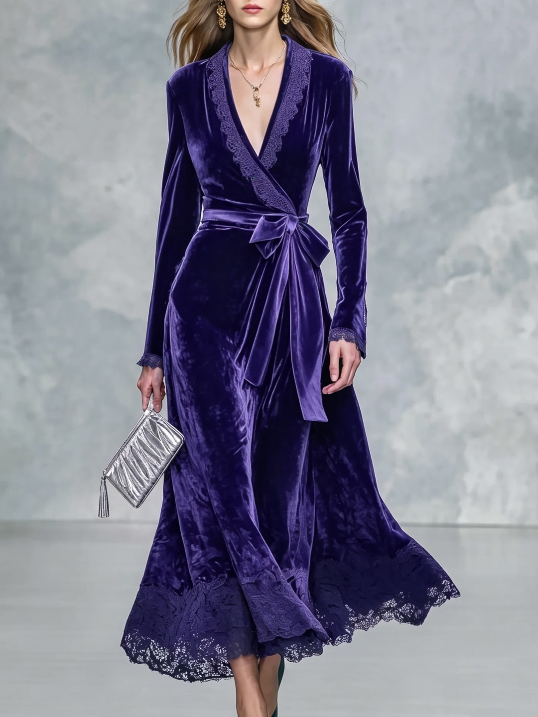 Retro Lace Spliced Lace-Up Waist-Slimming Long Dress