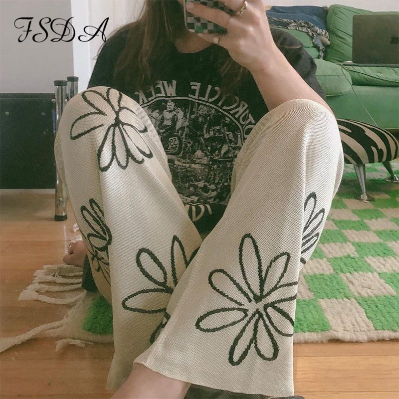Women's Knit Wide-Leg Pants High Waist Straight-Leg Casual