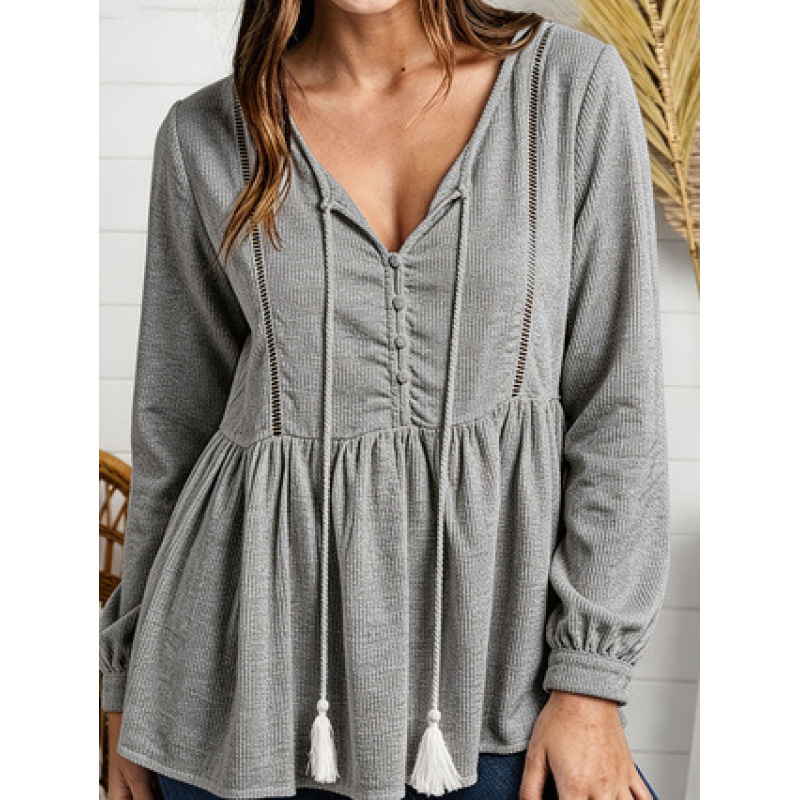 Women's V-Neck Lace Trim Long Sleeve Sweatshirt