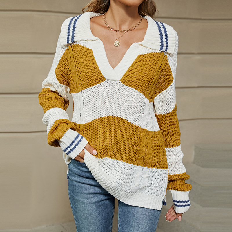 Striped Polo Neck Knit Sweater Loose Fit Pullover