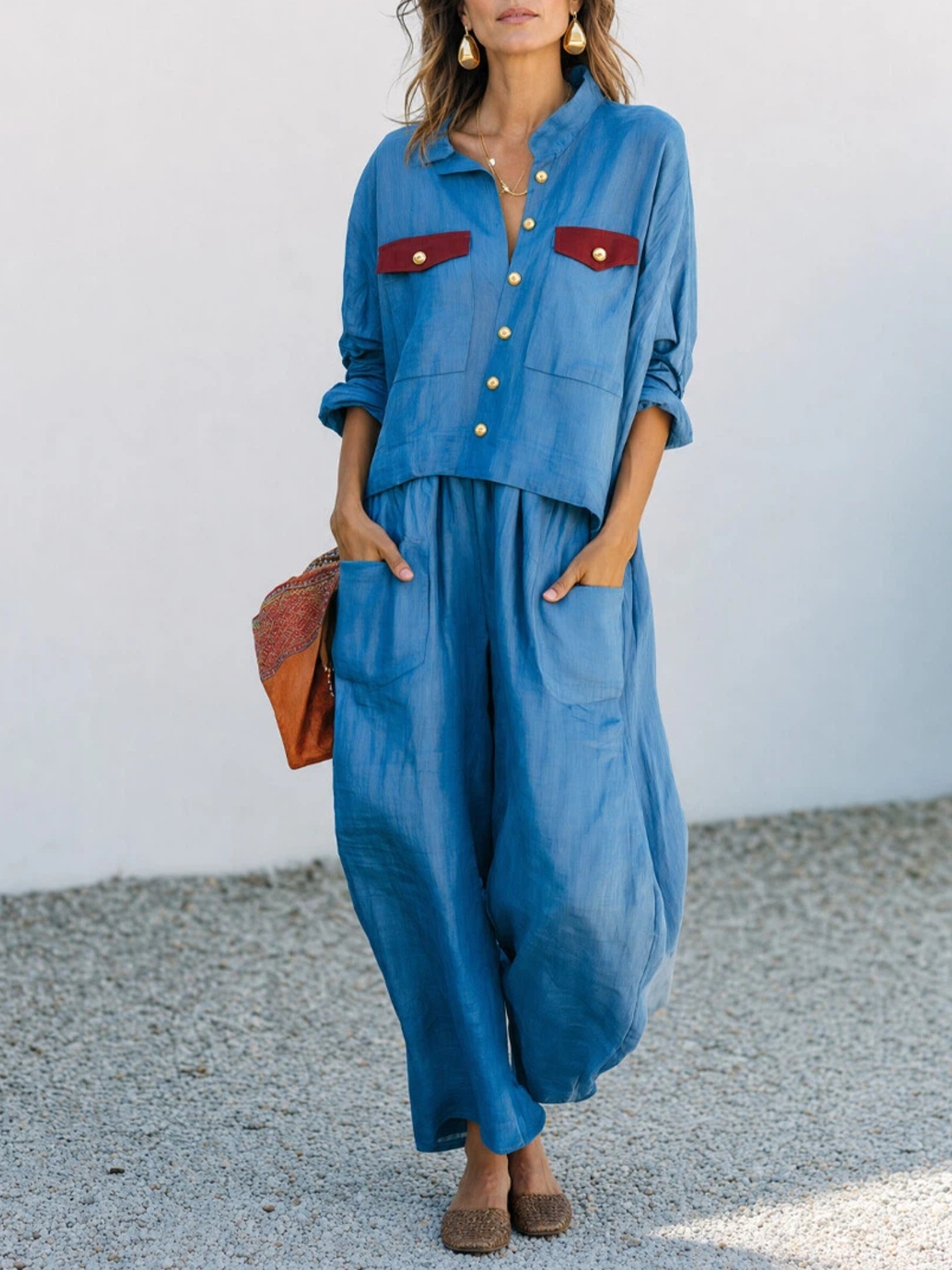 Women's Casual Loose Button Shirt and Wide-Leg Pants Two-Piece Set