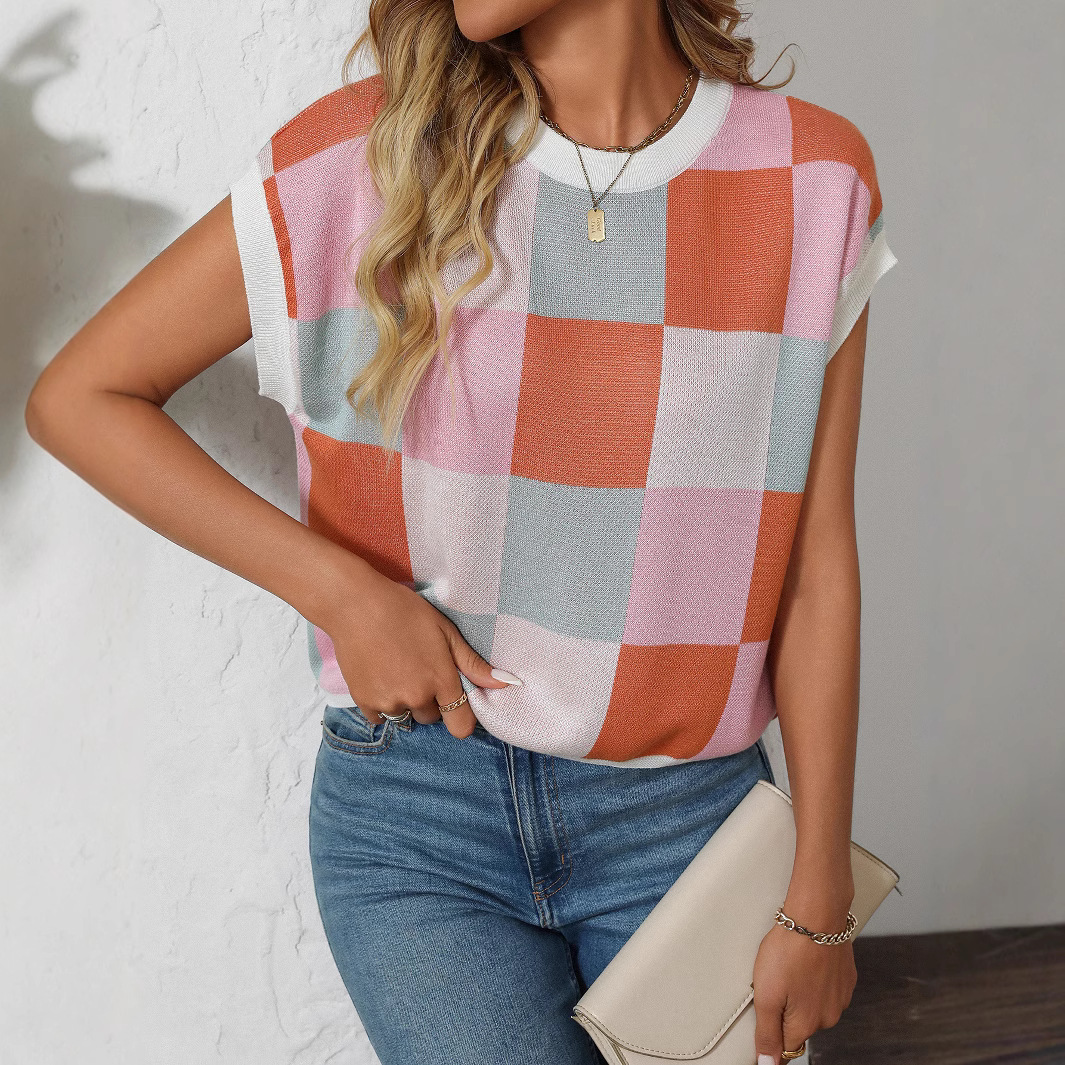 Color Block Checkered Crewneck Knit Crop Top with Cap Sleeves