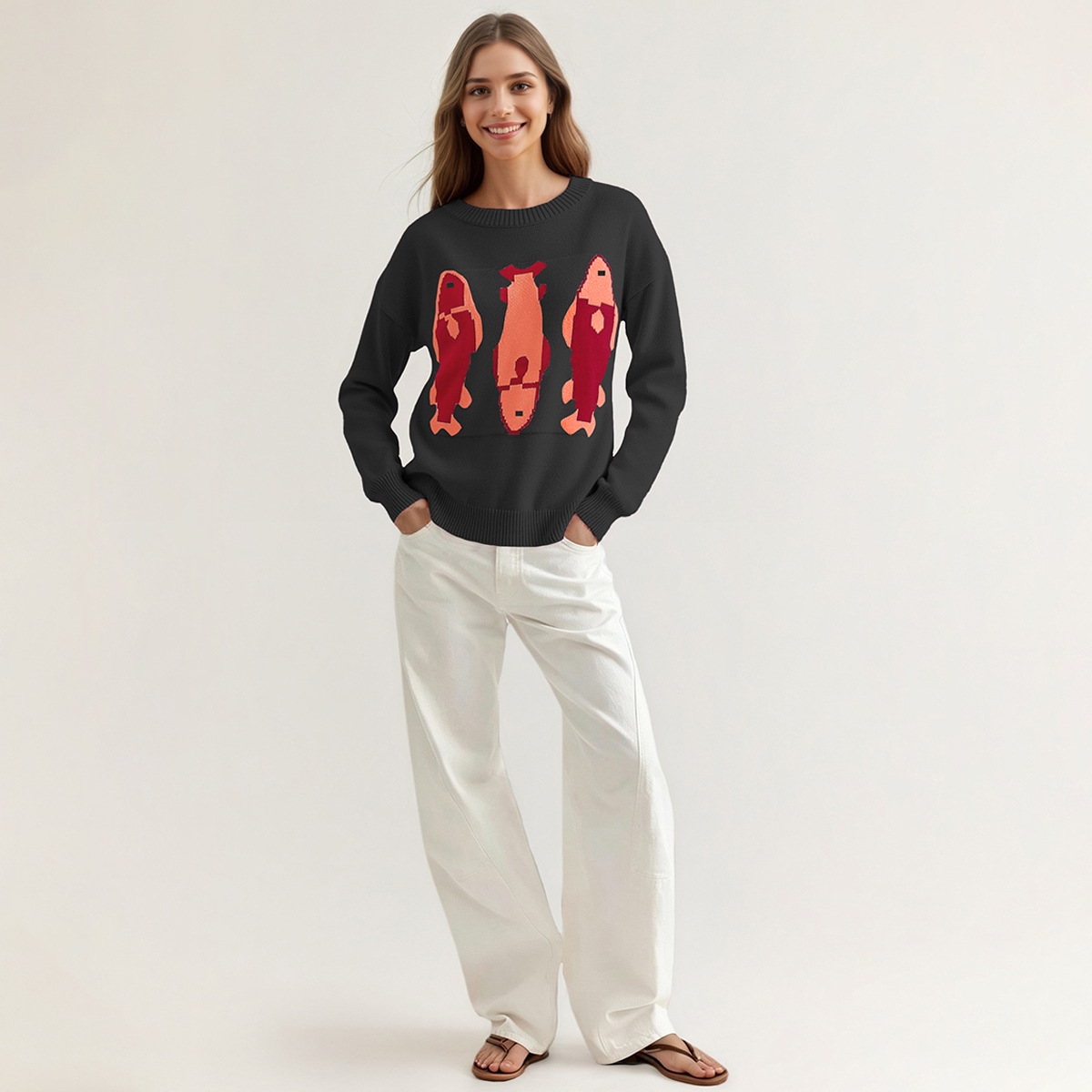 Women's Loose Crewneck Jacquard Knit Sweater