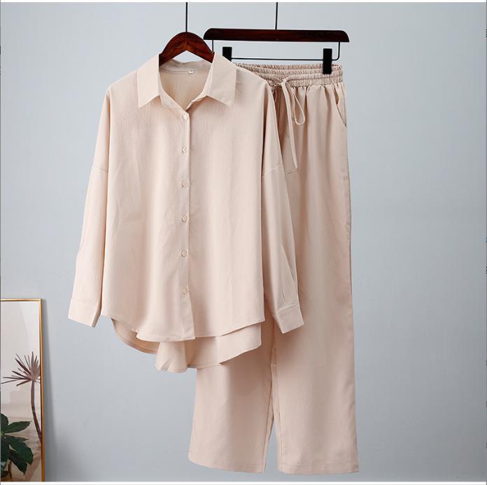 Women's Relaxed Stretch Crinkle Long Sleeve Shirt & Wide Leg Pants 2-Piece Set