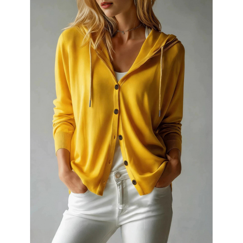 Women's Hooded Knit Cardigan Solid Color Long Sleeve Lightweight Loose Fit