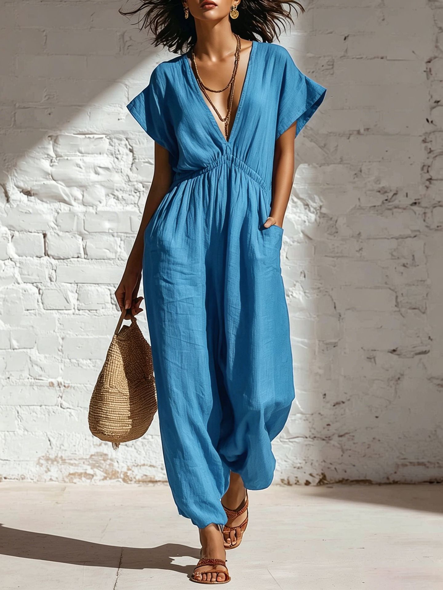 Women's Summer Deep V-Neck Loose Waist-Tie Wide-Leg Jumpsuit Streetwear