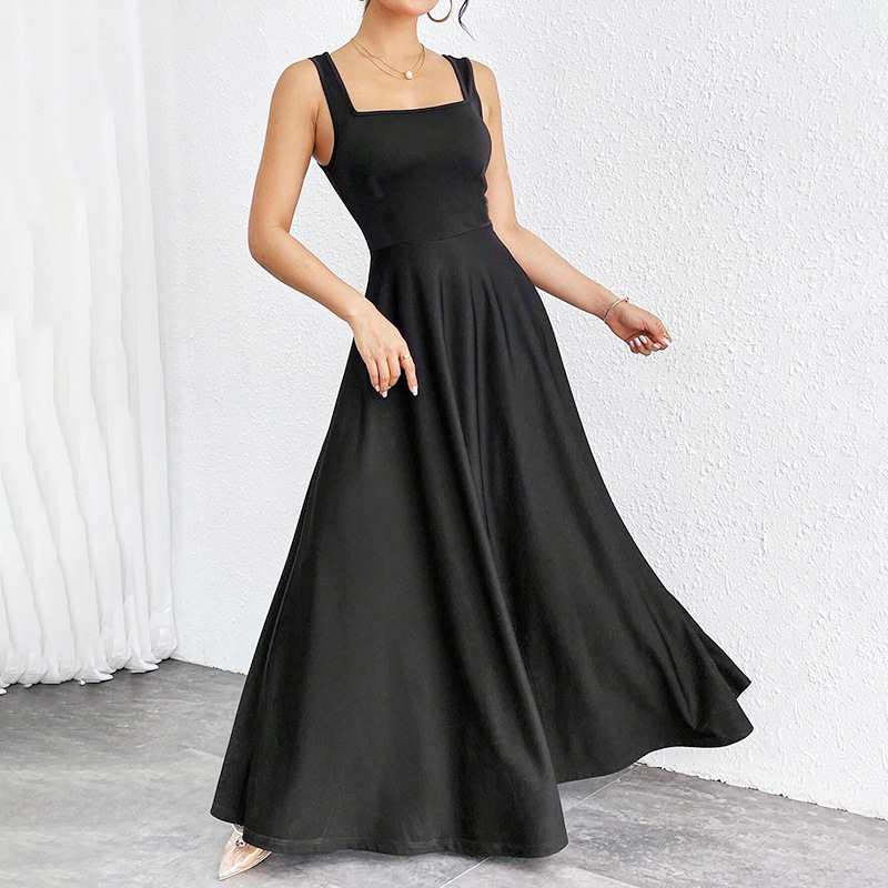 Women's Square-Neck Midi Dress with Wide Straps and Fitted Waist