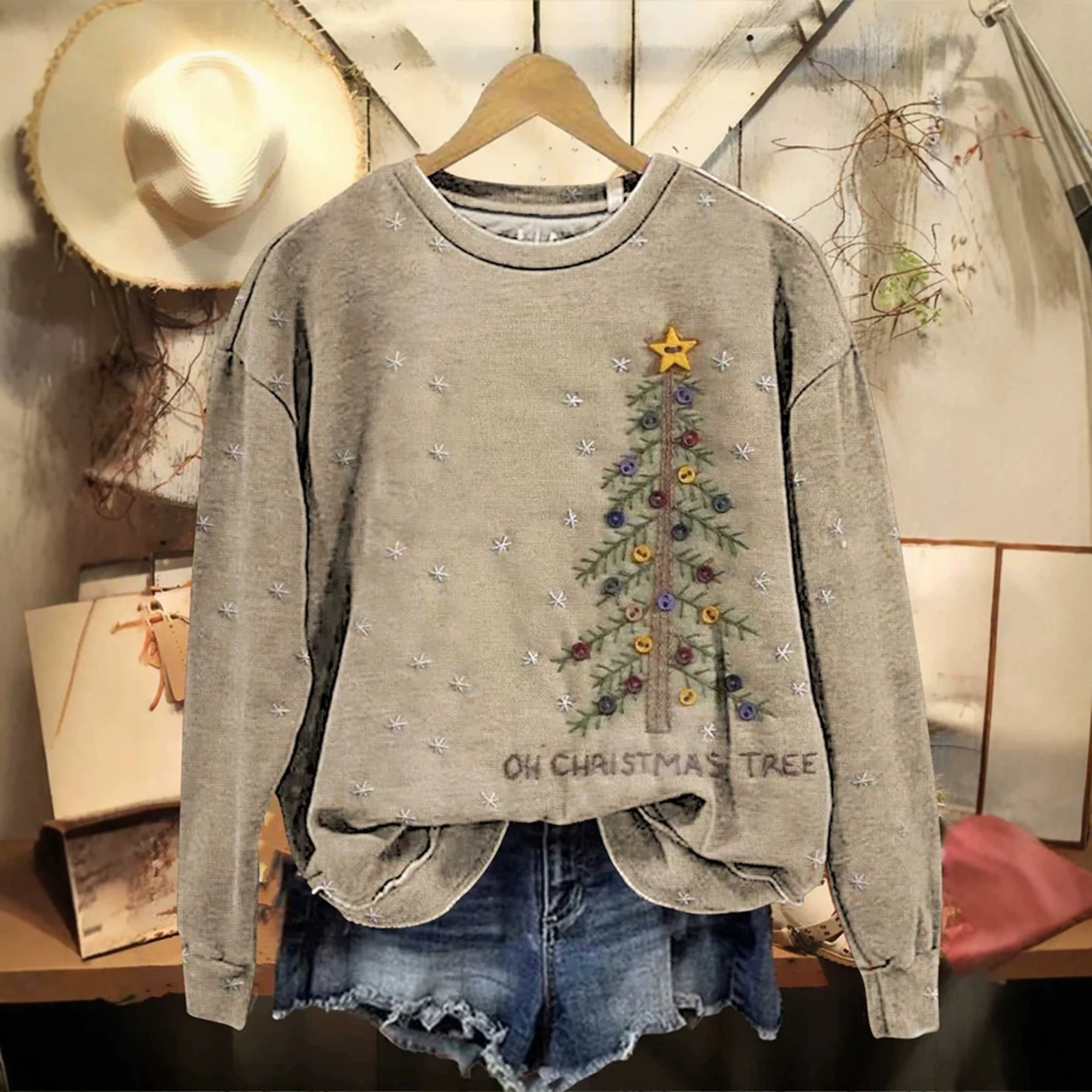 Christmas Tree Print Crewneck Long Sleeve Pullover Sweatshirt