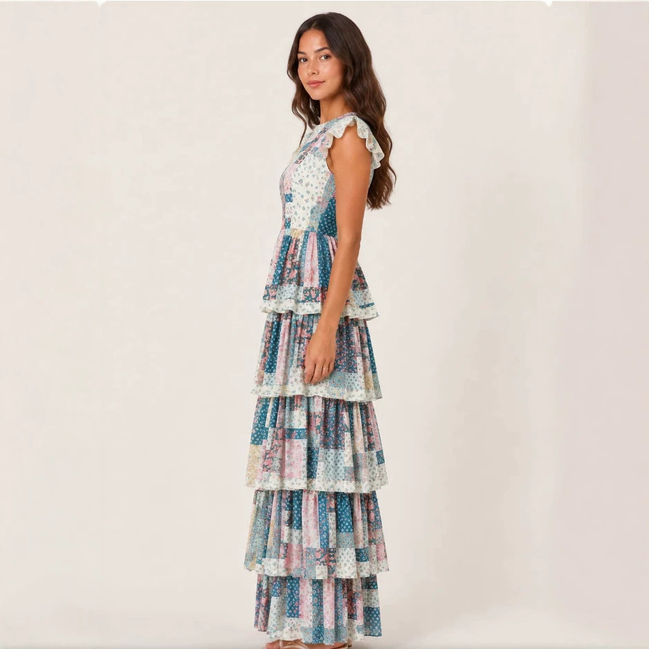 Printed Round Neck Sleeveless Plaid Spliced Tiered Maxi Dress