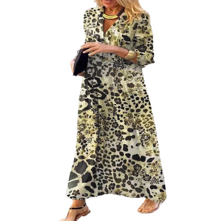 Leopard Print V-Neck Long Sleeve Pullover Shirt Dress