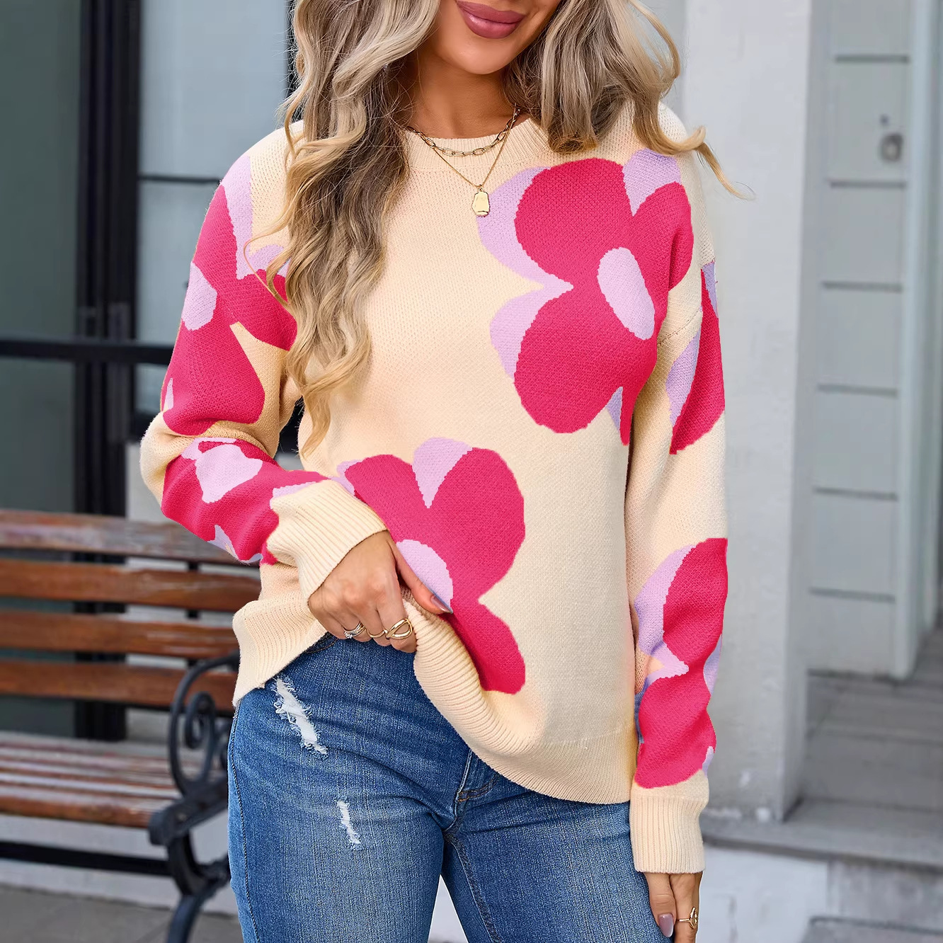 Women's Floral Print Crewneck Pullover Sweater