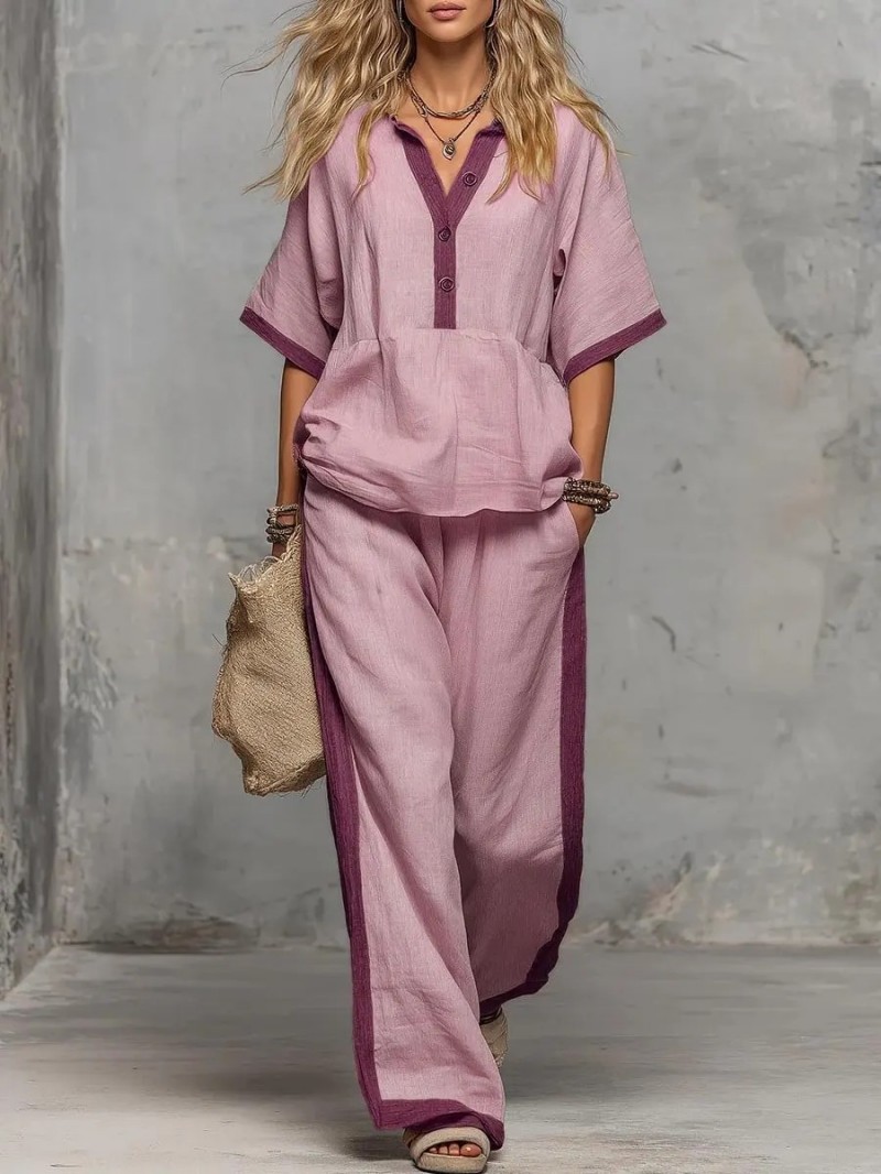 Women's V-Neck 3/4 Sleeve Cotton-Linen Top and Wide-Leg Pants Set