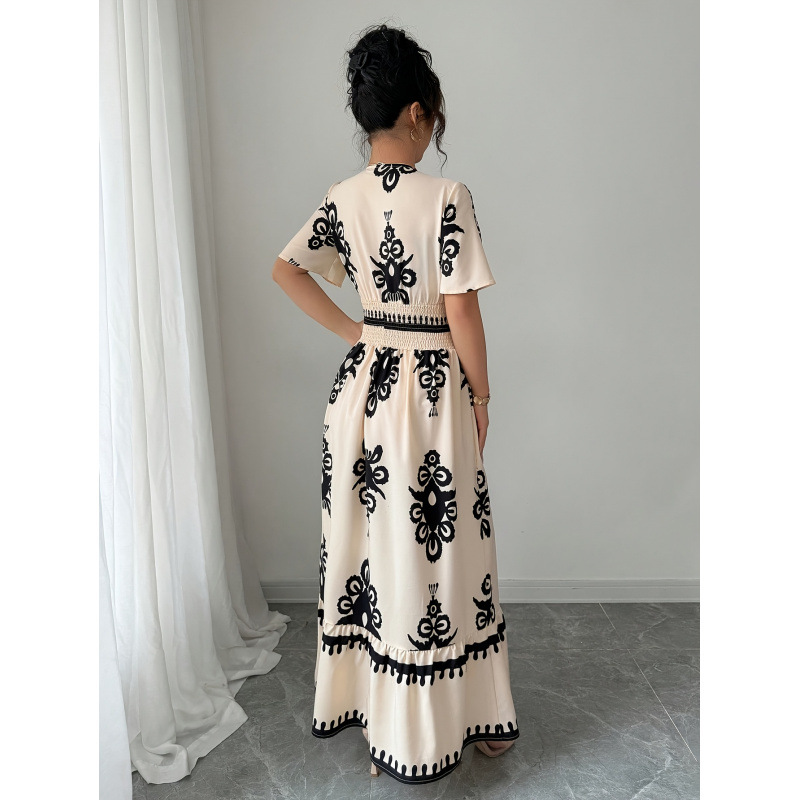 V-Neck Floral Print Ruched Waist A-Line Long Dress