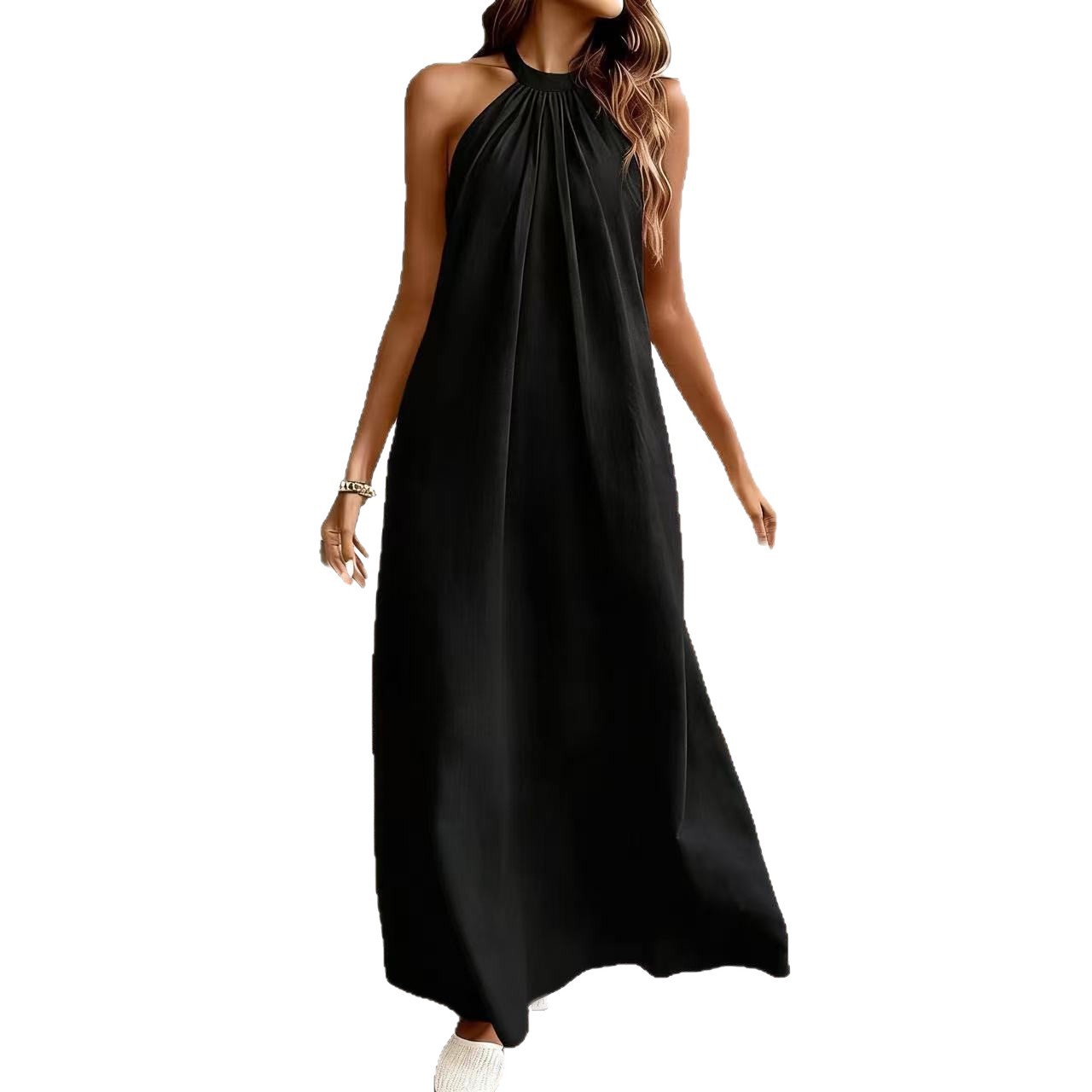 Solid Color Loose Halter Neck Summer Dress Casual Vacation A-Line Midi Dress